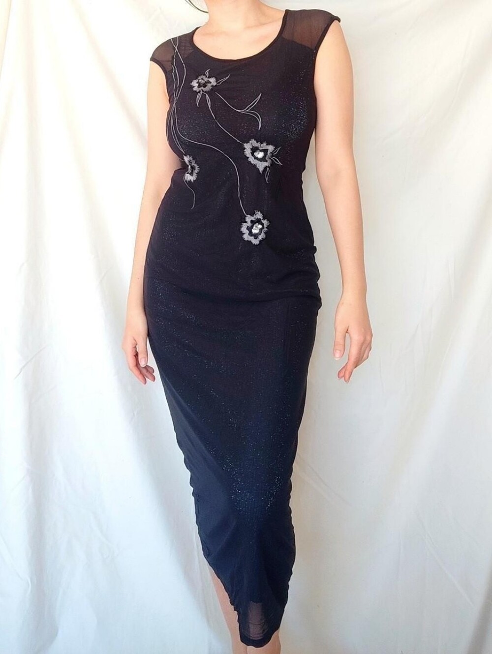 Cartise Vintage Black Sparkly Floral Detail Y2K Prom Event Dress